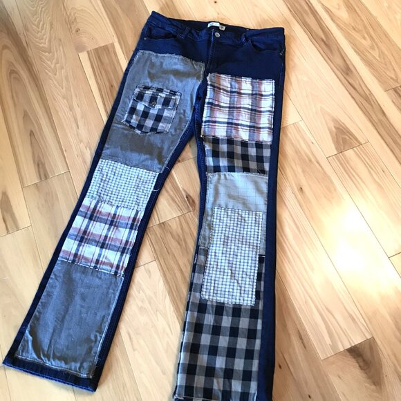 Upcycled Patchwork Jeans 32x32: Tattered Grunge Denim, Campus Life Hippie Pants - Picture 9 of 9